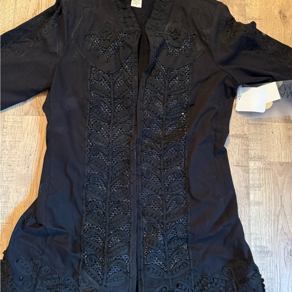 Elegant Black Embroidered Women's Coat Sandy Starkman Beaded & Brocade Festival - Picture 9 of 11